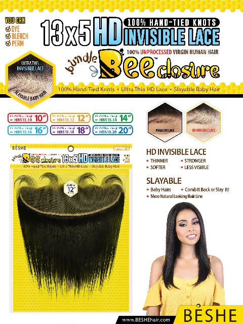 Beshe Bundle Bee 100% Human Hair 13X5 HD Invisible STRAIGHT Lace Closure (HBS13)