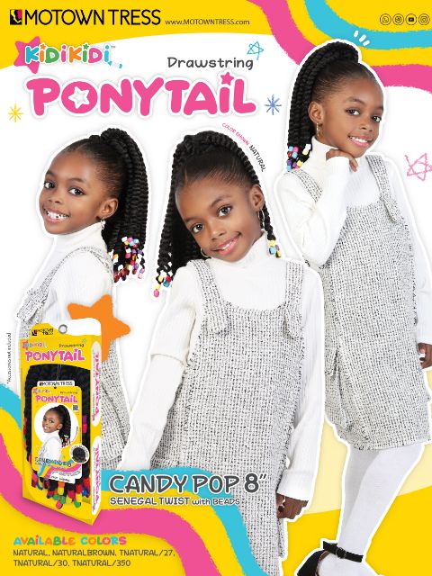 Motown Tress Kidikidi Drawstring Ponytail CANDY POP 8" Senegal Twist w/ Beads