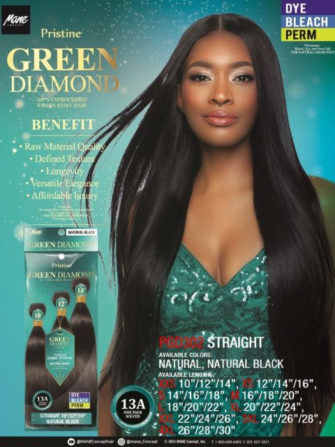 Mane Concept Pristine Green Diamond 100% Human Hair - (PGD302XXS-XXL) STRAIGHT"