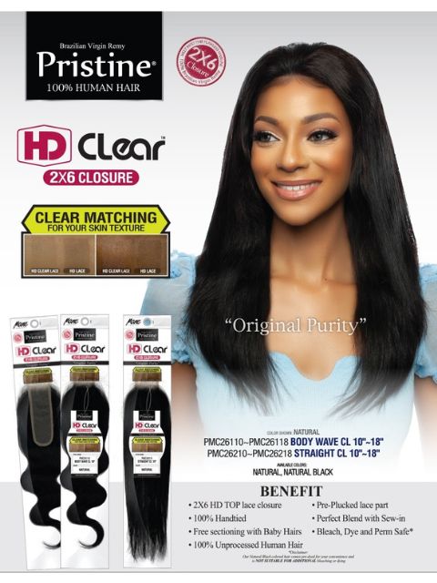 Mane Concept Pristine 100% Human Hair HD Clear 2x6 Closure BODY WAVE CL 10"-18"(PMC26110-PMC26118)