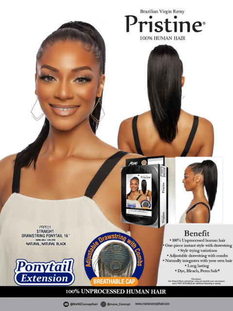 Mane Concept Pristine 100% Human Hair Ponytail Extension - STRAIGHT DRAWSTRING PONYTAIL 16" PRPE01