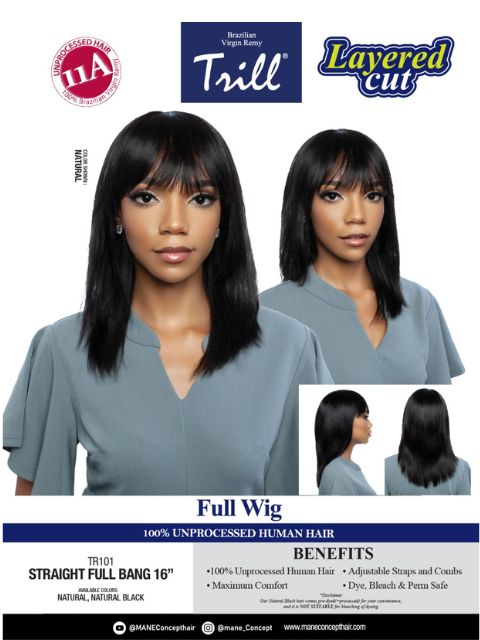 Mane Concept Trill 100% Unprocessed Human Hair Full Wig - TR101 STRAIGHT FULL BANG 16"