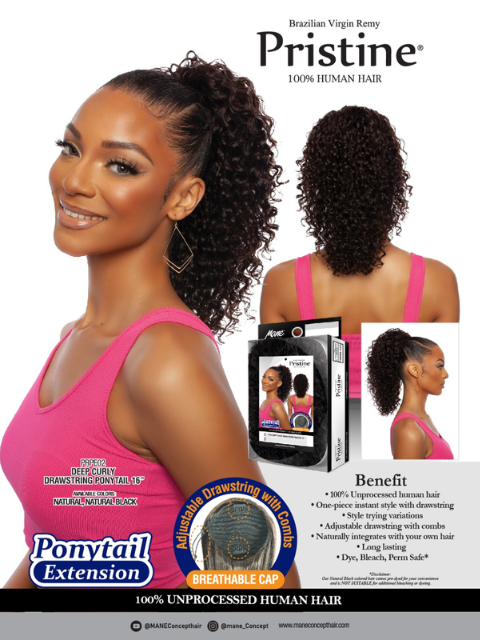 Mane Concept Pristine 100% Human Hair Ponytail Extension - DEEP CURLY DRAWSTRING PONYTAIL 16" PRPE02