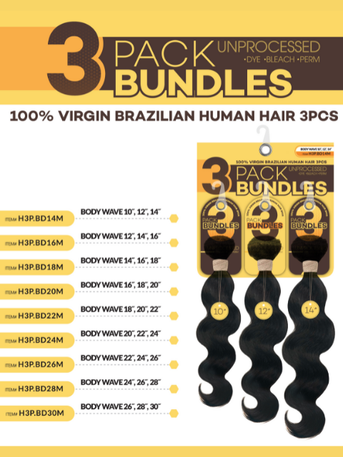 Beshe 100% Virgin Brazilian Human Hair 3 Pack Bundles - BODY WAVE (H3P.BD)