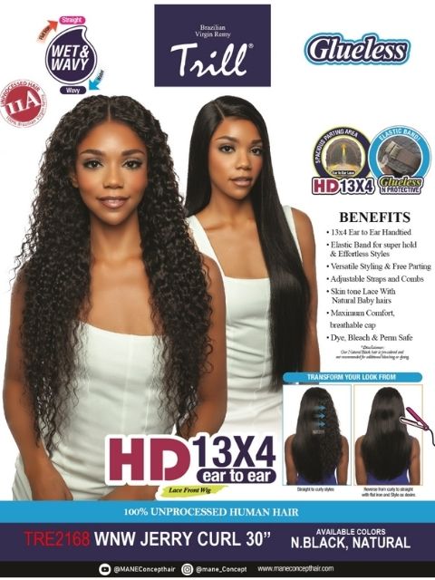 Mane Concept 100% Unprocessed Human Hair Trill 13x4 HD Glueless Lace Wig - TRE2168-WNW JERRY CURL 30"