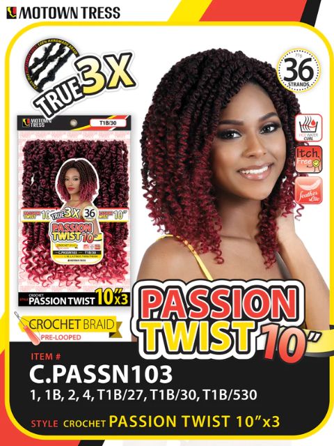 Motown Tress 3X THIN PASSION TWIST Crochet Braid 10" C.PASSN103