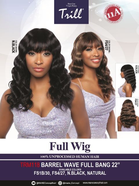 Mane Concept Trill 11A 100% Unprocessed Human Hair Full Wig - TRM118 BARREL WAVE FULL BANG 22"