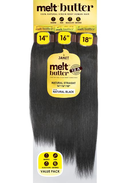 Janet Collection melt butter 12A 100% Natural Virgin Remy Human Hair NATURAL STRAIGHT 3PCS Value Pack