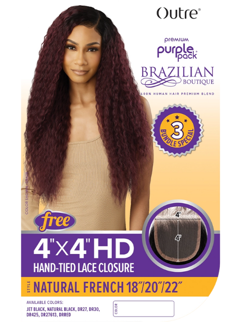 Outre Premium Purple Pack Brazilian Boutique Weave - NATURAL FRENCH 18" 20" 22" + 4x4 HD Lace Closure