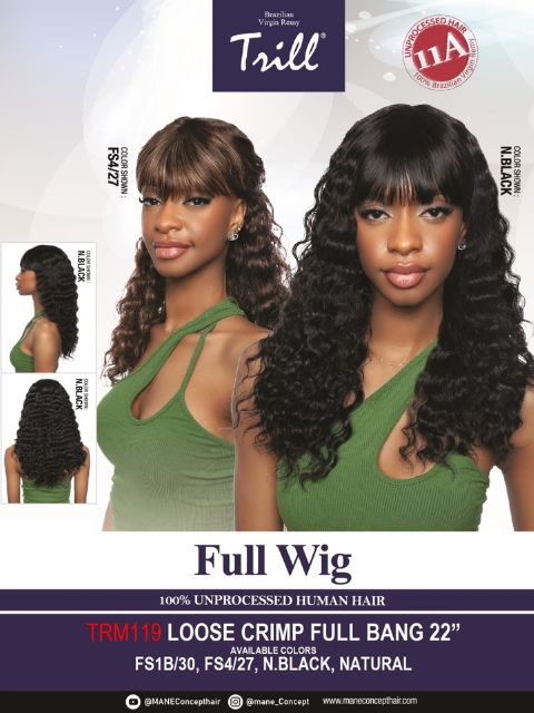 Mane Concept Trill 11A 100% Unprocessed Human Hair Full Wig - TRM119 LOOSE CRIMP FULL BANG 22"