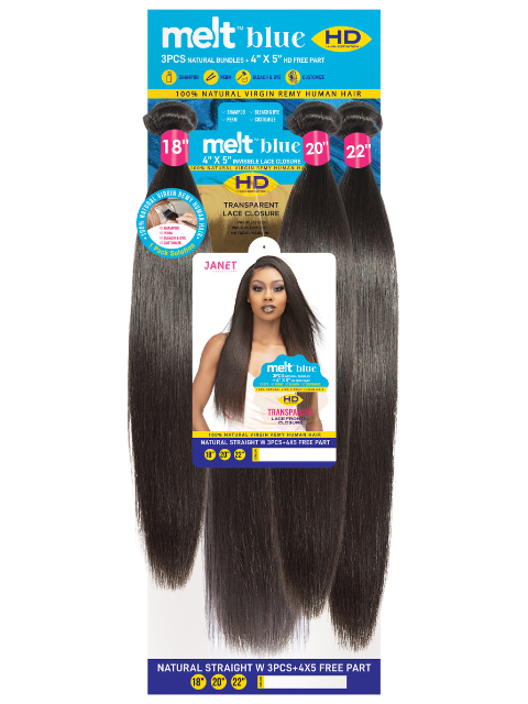Janet Collection Melt Blue 100% Remy Human Hair NATURAL STRAIGHT Weave 3pcs + 4x5 Free Part Closure  *SALE