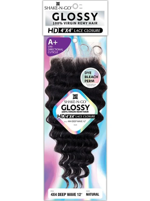 Shake N Go Glossy 100% Virgin Remy Hair HD 4x4 DEEP WAVE LACE 12" Closure