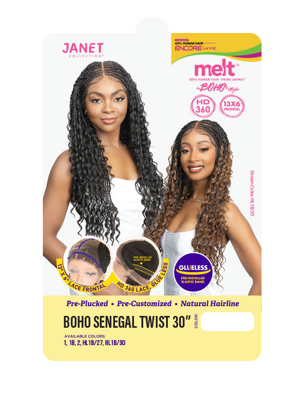 Janet Collection Melt HD 360 with 13X6 Frontal Lace Human Hair UNIMIX BOHO SENEGAL TWIST Wig 30"