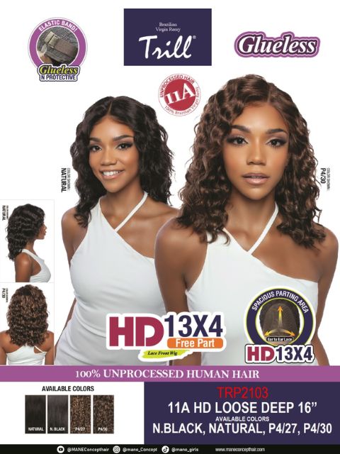Mane Concept 100% Unprocessed Human Hair Trill HD 13x4 Free Part Lace Front Wig - 11A HD LOOSE DEEP 16" (TRP2103)