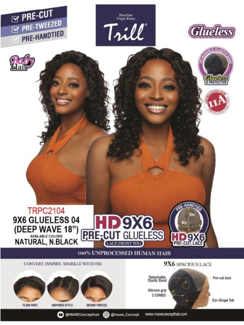 Mane Concept 100% Unprocessed Human Hair Trill HD 9x6 Pre-cut Glueless 04 Lace Front Wig - DEEP WAVE 18" (TRPC2104)