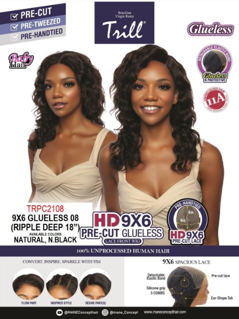 Mane Concept 100% Unprocessed Human Hair Trill HD 9x6 Pre-cut Glueless 08 Lace Front Wig - RIPPLE DEEP 18" (TRPC2108)