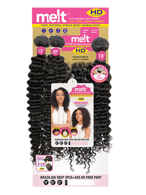 Janet Collection Melt 100% Virgin Human Hair BRAZILIAN DEEP Weave 3pcs + 4x5 HD Closure