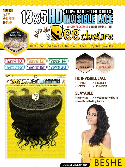 Beshe Bundle Bee 100% Human Hair 13X5 HD Invisible BODY Lace Closure (HBB13)