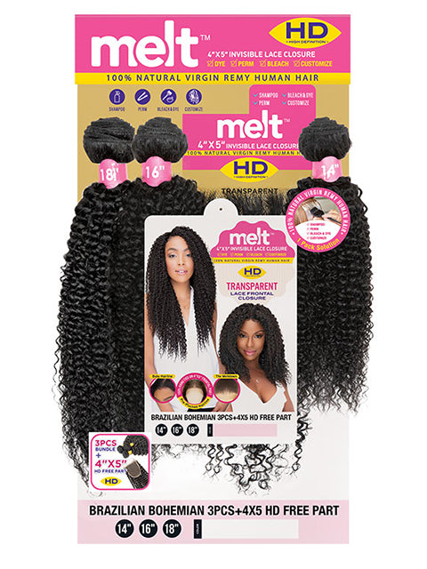 Janet Collection Melt 100% Virgin Human Hair BRAZILIAN BOHEMIAN Weave 3pcs + 4x5 HD Closure